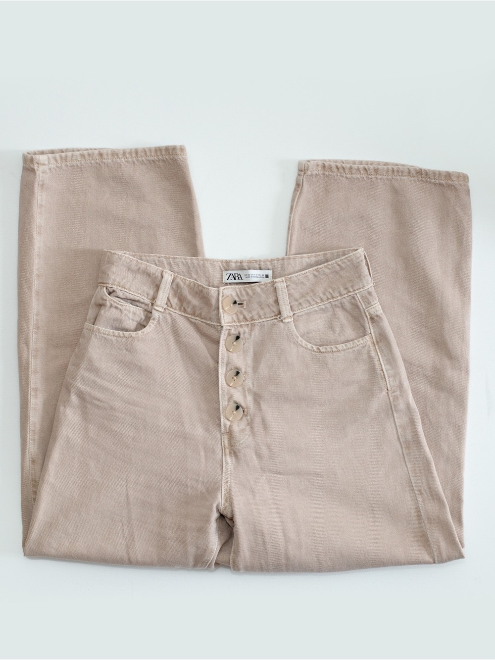 Zara Button-Fly High-Rise Jeans in Light Beige
